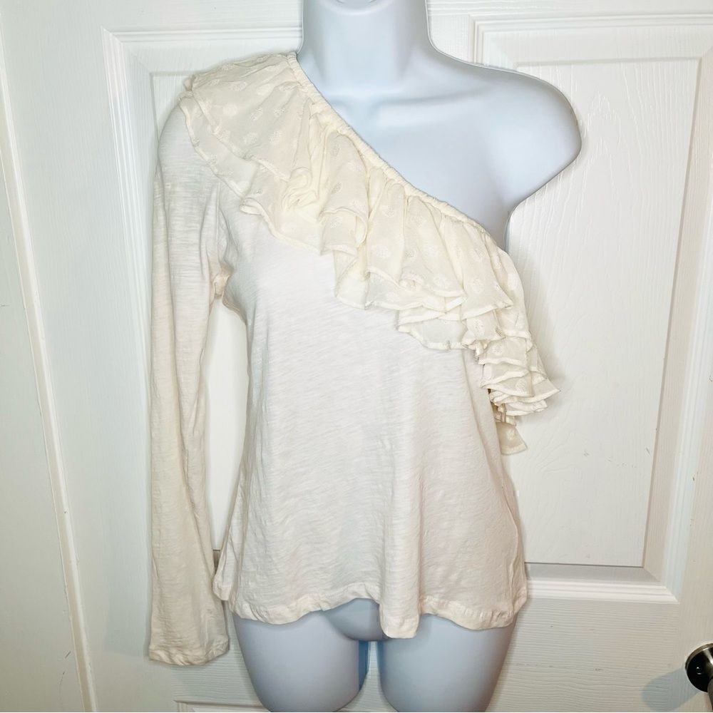 Anthropologie Sheer Polka Dot Ruffle One Shoulder Top Cotton Long Sleeve Cream L - Picture 6 of 11